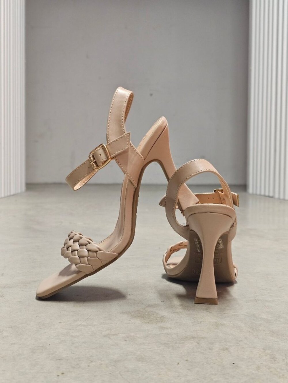 Braided Nude Heeled Sandals With Square Toe Design & Adjustable Ankle Strap - Picture 8 of 14